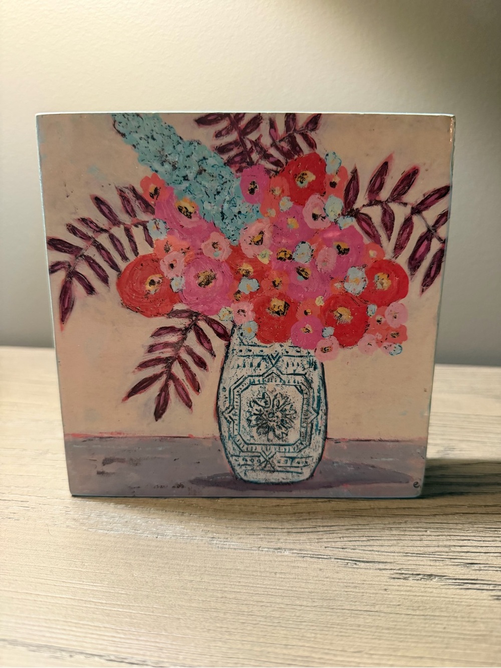 Vintage Floral Still Life Decorative Art Block | Pink & Blue Flowers